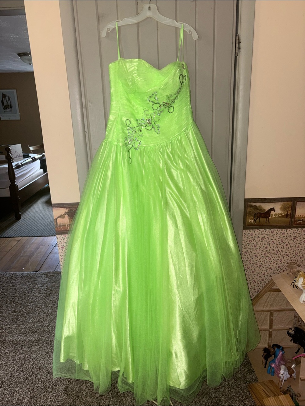 Mac Duggal Neon Green Strapless Prom Gown with Embellished Bodice